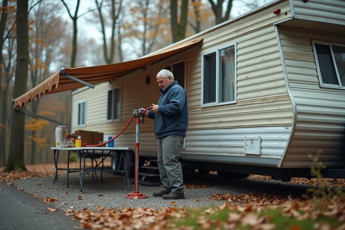 Homme effectuant le branchement eau de sa résidence mobile dans un camping en dehors de la saison estivale