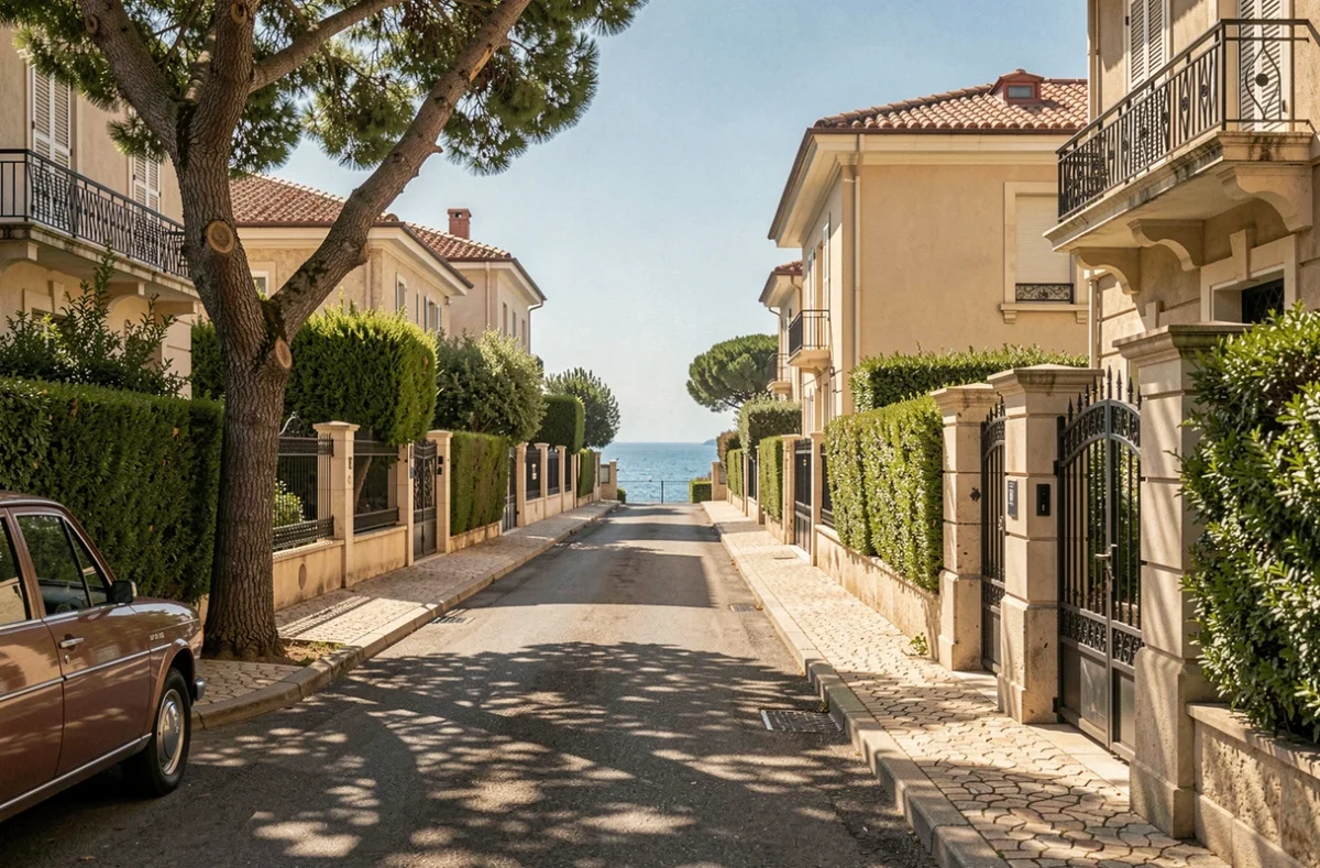Rue résidentielle calme et huppée dans le 8e arrondissement de Marseille avec vue sur la mer