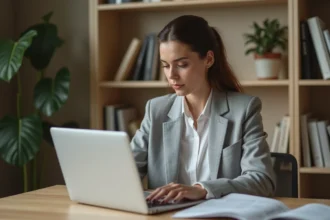 Femme en train de saisir un code Action Logement sur son ordinateur portable avec un document imprimé à côté