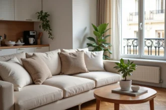 Salon et cuisine équipée d'un appartement meublé en location saisonnière avec canapé, table basse et ustensiles de cuisine visibles