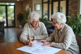 Seniore femme en revue des plans architecturaux avec une conseillère