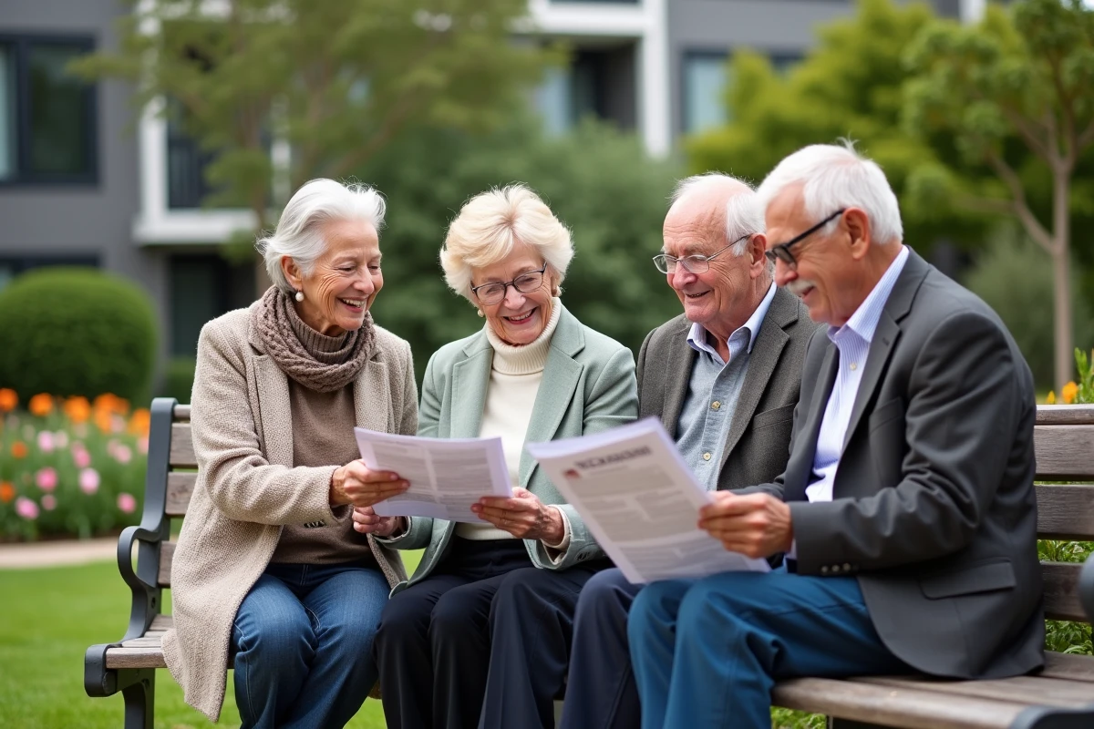 Groupe de seniors discutant dans un jardin en extérieur