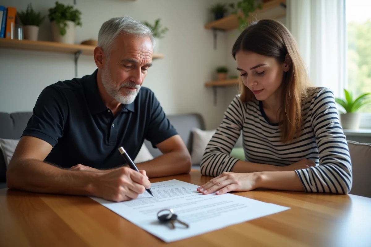 Signature d'une attestation de remise de clés entre propriétaire et locataire autour d'une table dans un appartement