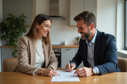 Couple signant un contrat de location dans un appartement cosy