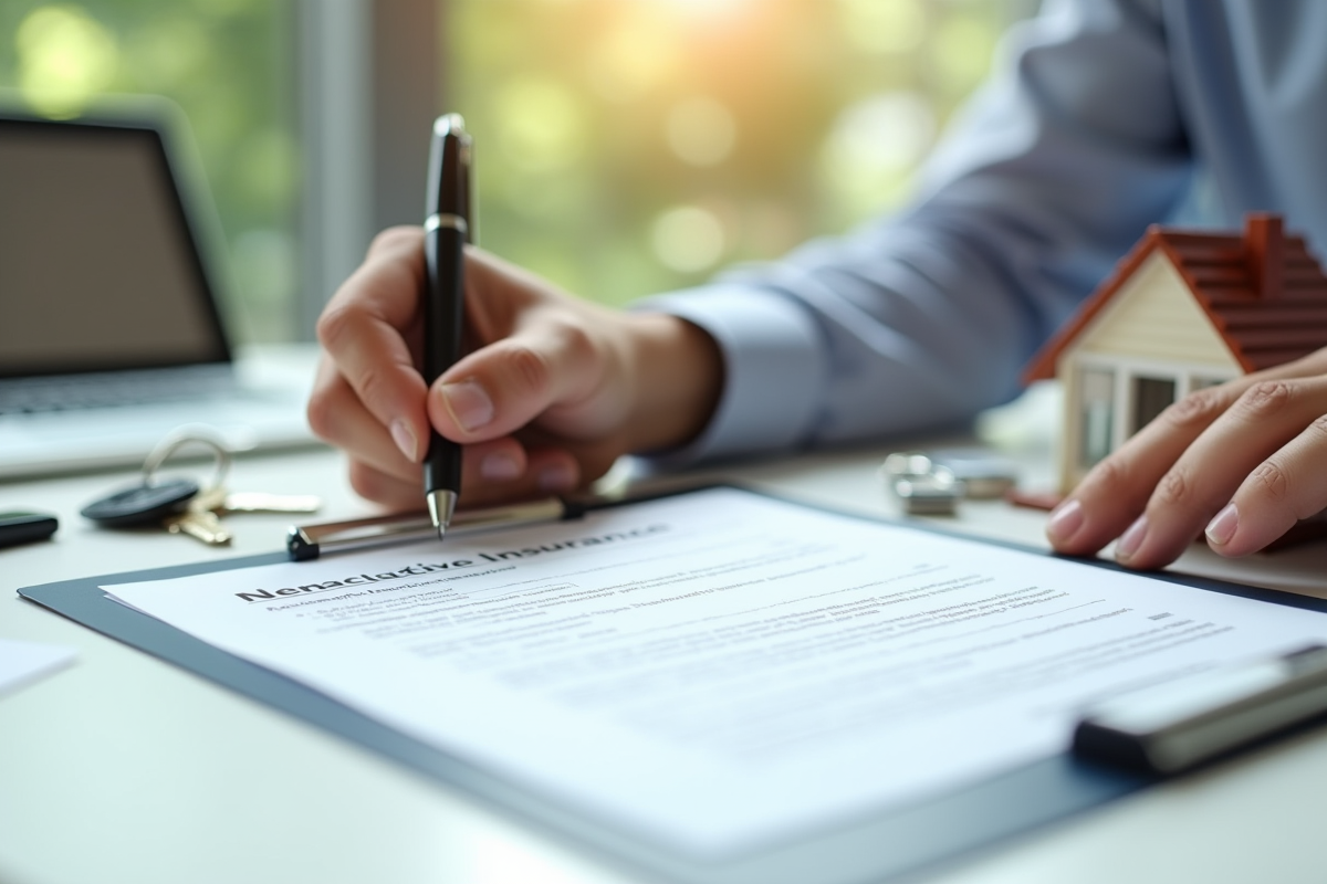 Main signant un contrat d assurance habitation avec maquette de maison