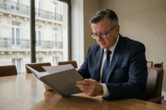 Syndic de copropriété examinant un dossier d'appel de fonds pour travaux importants lors d'une réunion de copropriété