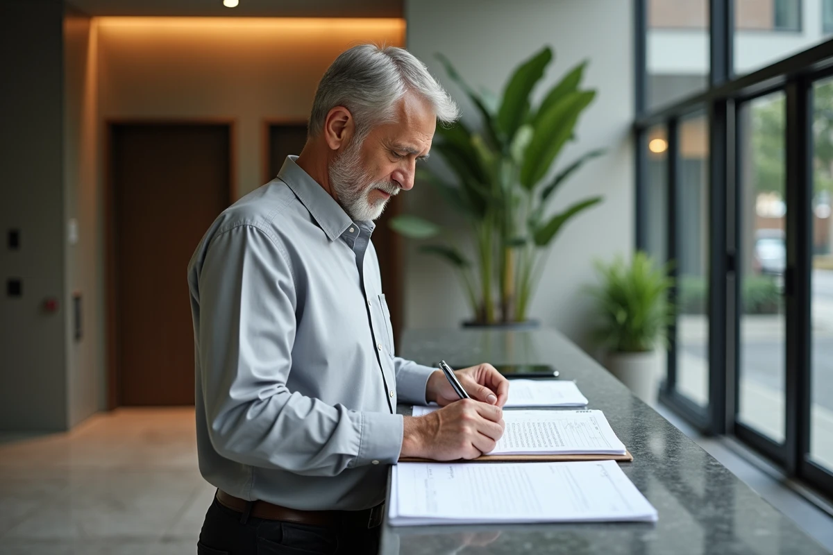 Syndic de copropriété complétant le registre des copropriétaires dans le hall d'un immeuble résidentiel