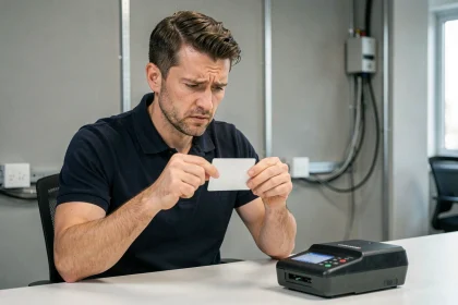 Technicien tenant un badge d'accès RFID devant un duplicateur de carte, l'air perplexe face à une tentative de copie échouée