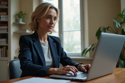 Femme utilisant un téléservice en ligne pour une demande de logement social à Paris depuis son appartement