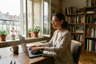 Femme en télétravail dans un appartement de l'hyper-centre de Grenoble avec vue sur les toits de la ville
