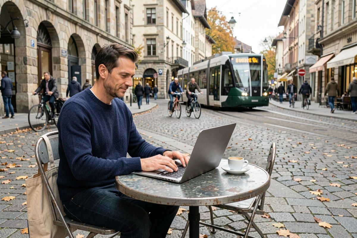 Homme en télétravail en terrasse de café dans une rue piétonne de l'hyper-centre de Grenoble en automne