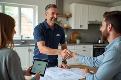 Un entrepreneur professionnel membre d'une association de constructeurs serrant la main de clients devant des plans de construction, symbolisant la confiance et la vérification d'un prestataire fiable