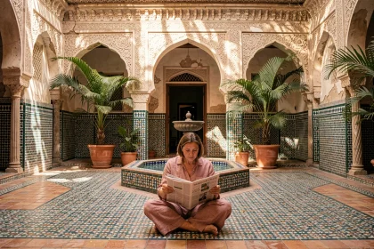 Femme expatriée installée dans la cour intérieure d'un riad à Marrakech, entourée de zellige et d'une fontaine traditionnelle, illustrant la vie quotidienne à l'année dans un riad en vente à Marrakech