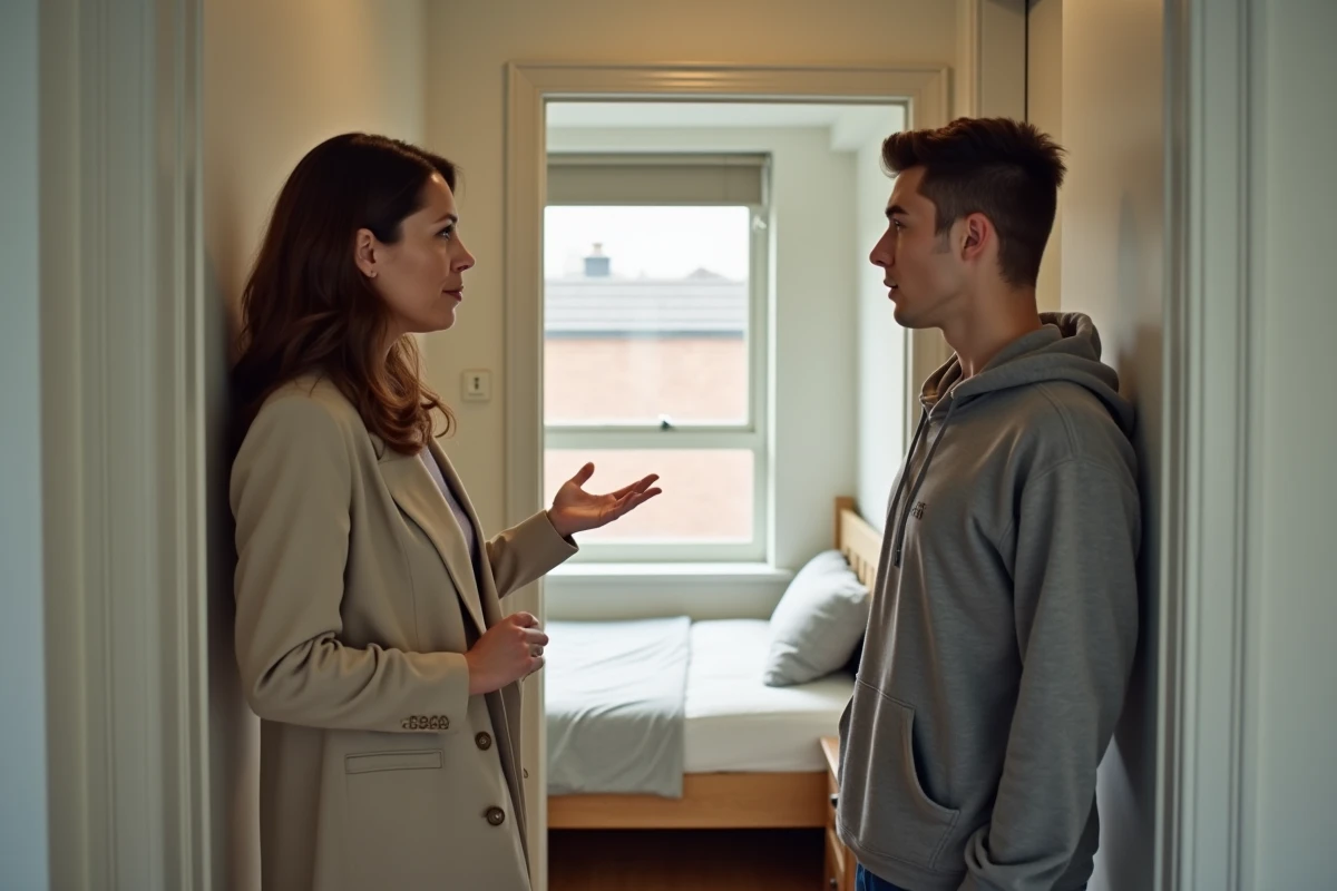 Agent immobilier présentant une petite chambre non conforme à un locataire hésitant lors d'une visite d'appartement