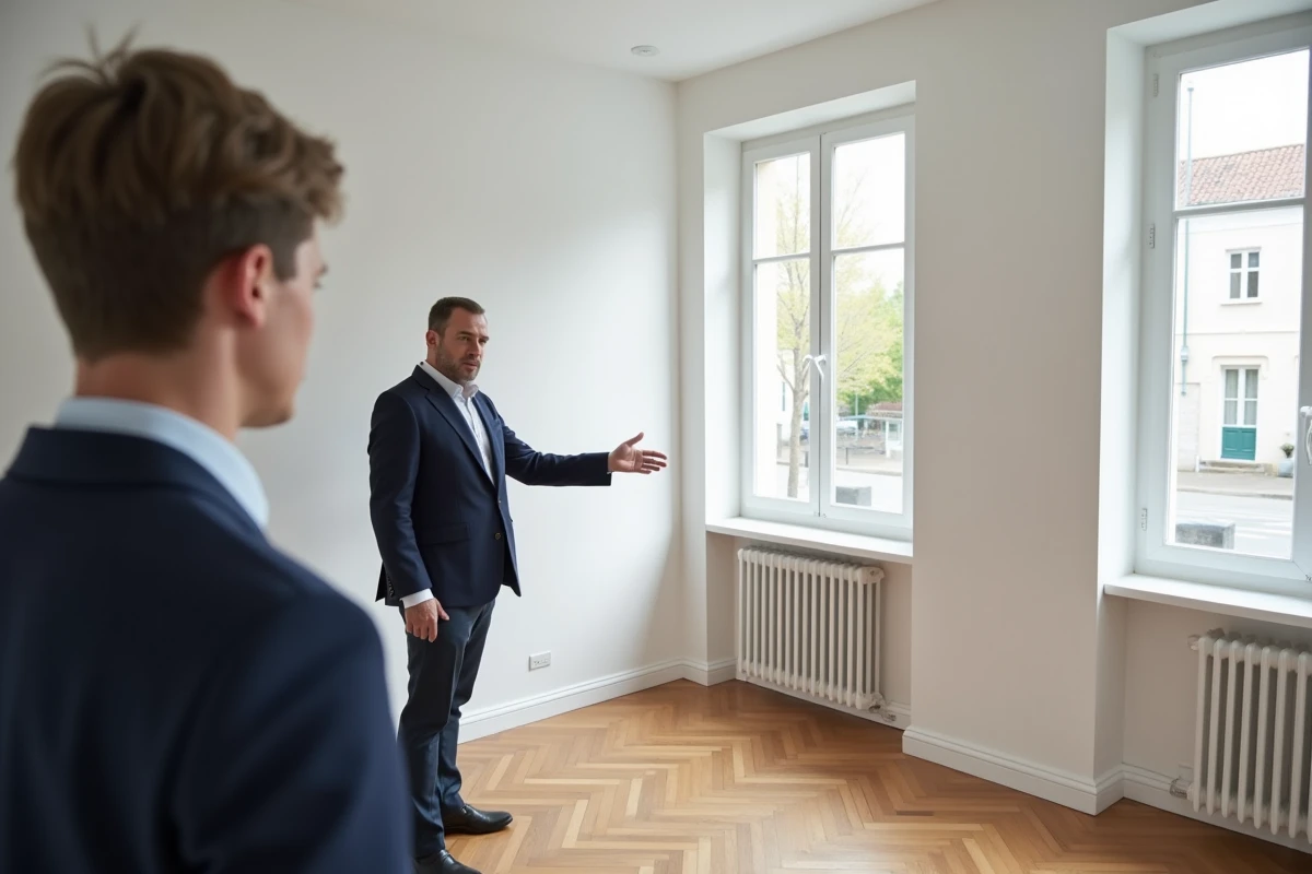 Agent immobilier présentant une chambre de T2 rénové à un primo-accédant lors d'une visite
