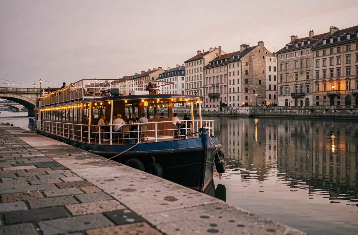 Vue extérieure d'une péniche amarrée à Lyon au crépuscule avec terrasse animée et reflets sur la Saône