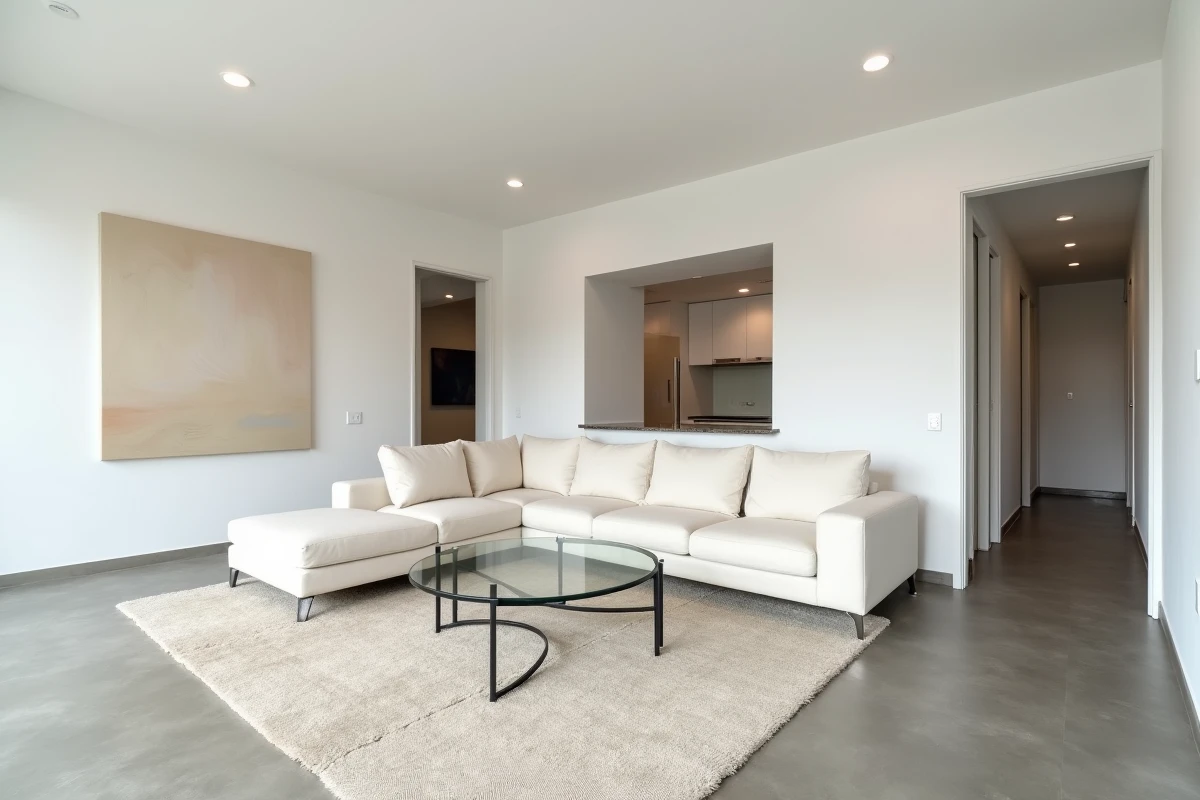 Vue panoramique 360 degrés d'un salon moderne vide prêt pour une annonce immobilière en ligne