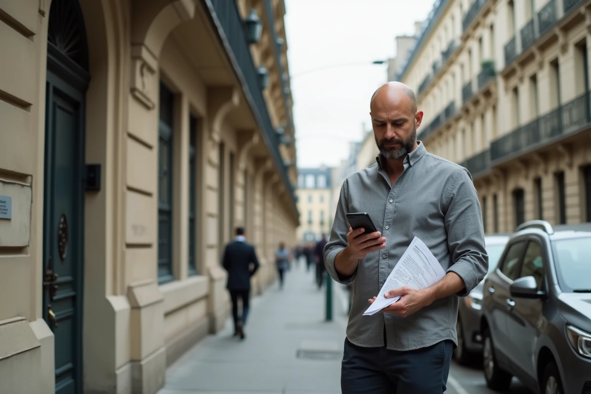 Locataire devant un immeuble haussmannien consultant la liste des zones tendues 2026 sur smartphone